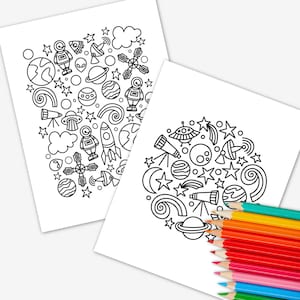 2 PK Weltraum Astronomie & Galaxy Ausmalbilder | Passendes Hand illustriertes Schulaktivitäts-Geburtstags-Partyspiel-Arbeitsblatt