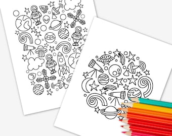 2 PK Space Astronomy & Galaxy Printable Coloring Pages | Matching Hand Illustrated School Activity Birthday Party Game Early Done Worksheet
