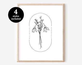 January Birth Flower 4 pk Snowdrop | Simple Line Art Printable | Illustrated Floral Digital Wall Decor | Nature Inspired Gift