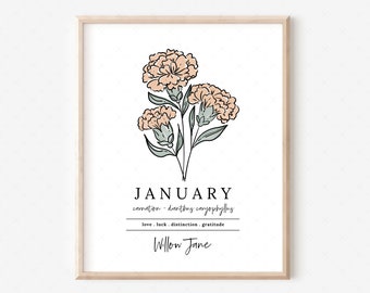 January Carnation Birth Flower Personalized Name Unframed Art Print | Custom Gift for Birthdays + Birth Flower Vinyl Sticker Add On