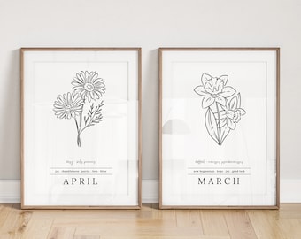 Pick A Birth Month Flower Black and White Unframed Art Print | Floral Illustration Art | Nature Inspired Birthday Gift