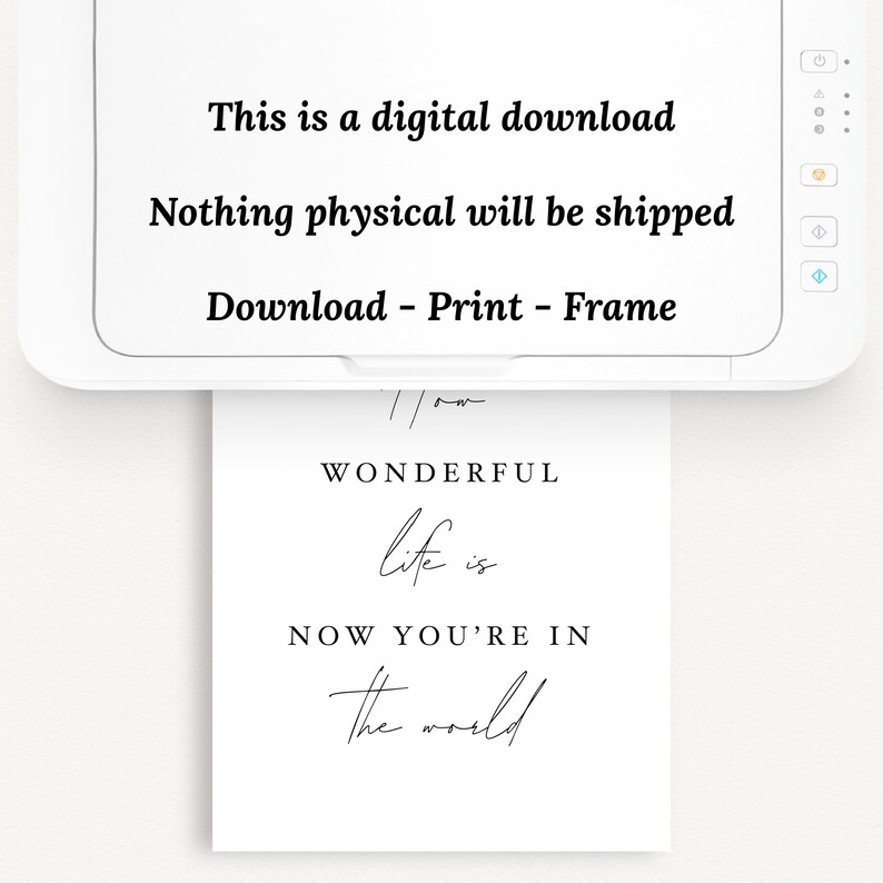 Pode incluir: Arte de parede imprim&iacute;vel com o texto "WONDERFUL life is NOW YOU'RE IN The world". Esta &eacute; uma transfer&ecirc;ncia digital, nada f&iacute;sico ser&aacute; enviado. Fa&ccedil;a o download, imprima e enquadre.