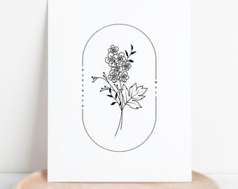 May Hawthorn Birth Flower Printable | Digital Floral Line Art | Nursery Wall Decor | Birthday Gift