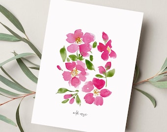 Pink Wild Rose Watercolor Unframed Art Print | June Birth Flower Wall Decor