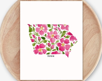 Iowa Map Art Print | Watercolor Wild Roses | US State Flower Gift