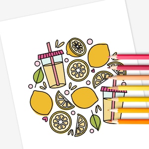 Lemonade & Lemons 3 PK Printable Coloring Page | Hand-Drawn Coloring Sheet Fruit Drink Summer Themed