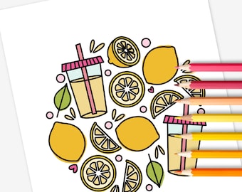 Lemonade & Lemons 3 PK Printable Coloring Page | Hand-Drawn Coloring Sheet Fruit Drink Summer Themed