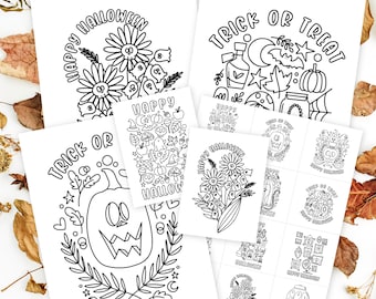 12 Pk Happy Halloween Printable Coloring Pages | 3 Sizes Hand-Drawn Ghost Pumpkin Spooky Trick or Treat Cards