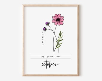 October Cosmos Birth Flower Digital Art Printable | Floral Garden Inspired Gift for Oct Birthdays | Gift for Mother's Day