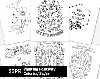 25 Pk Planting Positivity Large Print Floral Coloring Pages | Mindful Nature Themed Illustrations