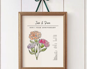 1st Year Anniversary Flower | Hand Painted Carnations Couples Gift | Personalized Name Art
