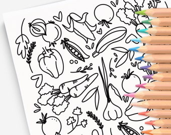 Garden Veggies | Hand-Drawn Coloring Page Print & Color | Hand-Drawn Digital Coloring Book | Adult Zen Calming Color Activity Time