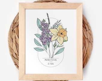 Couples Birth Flower Bouquet Framed Print | Personalized Wedding Gift | Couples Anniversary Keepsake