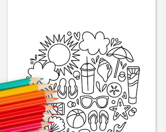 Beach Day Printable Coloring Page | Vacation Sunshine Ocean Themed | Illustrated Summer Coloring Sheet