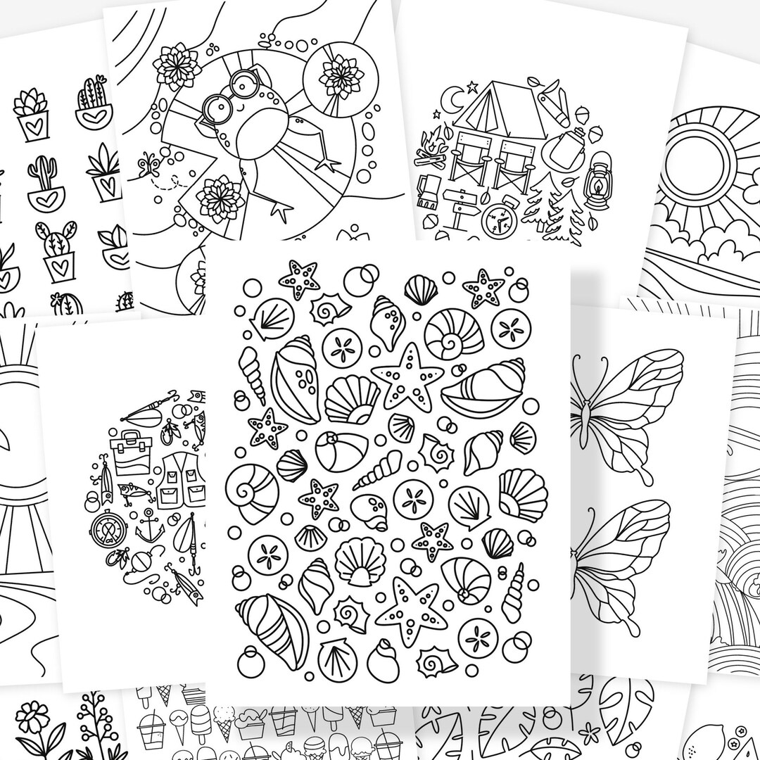 50 Pk Summertime Printable Coloring Pages Hand Illustrated Ocean ...