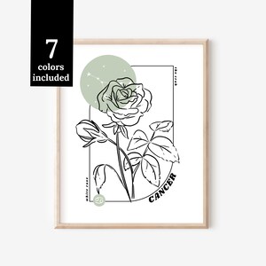 Cancro Rosa Bianca Astrologia Fiore di Nascita Segno Zodiacale Grafico / Arte Stampabile Decorazione Digitale da Parete