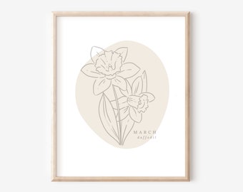 March Daffodil Birth Flower Printable | Simple Line Art Boho Decor Style | Birthday Gift Nursery Art | Neutral Wall Decor