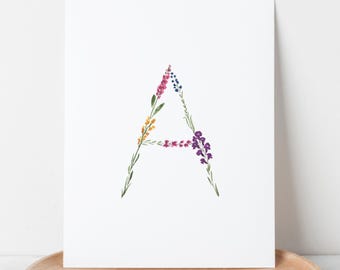 Summer Meadow Monogram Initial Art Print | Hand Painted Letter Wall Decor