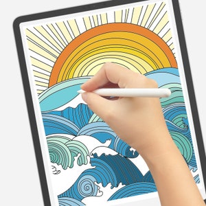 Zonsondergang & oceaangolven kleurplaat digitaal afdrukbaar Water Zen ontspannende kleurplaat afbeelding 2