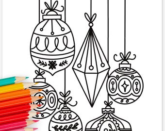 Christmas Tree Ornaments Printable Coloring Page | Holiday Coloring Sheets | Family Night Activity School Relax and Color Cozy Xmas
