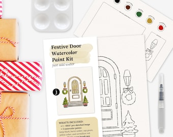 Festive Door Watercolor Paint Kit | Pick Your Pack 2, 4, 8, 10, 12 Packs | Pre-Sketched Winter Holiday Art Set for Paint Party