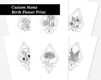 Personalized Name Birth Flower Print | Sketched Floral Line Art Diamond Frame | Unframed Poster Art Wall Decor | Custom Month Birthday Gift