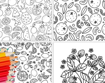 4 Pk Fruity Printable Coloring Pages Digital Color Sheets | Hand-Drawn Fruit Illustrations | Food & Nature Inspired Gift