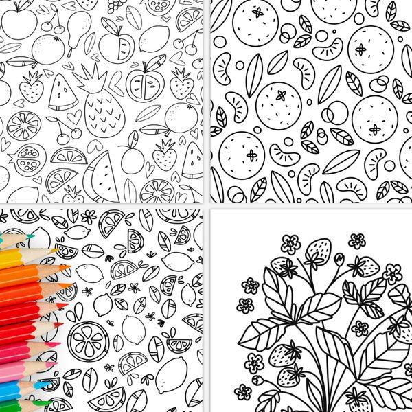 4 Pk Fruity Printable Coloring Pages Digital Color Sheets | Hand-Drawn Fruit Illustrations | Food & Nature Inspired Gift