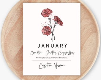 January Birth Flower Carnation | Personalized Unframed Art Print | Custom Name Floral Illustration