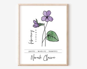 Custom Name February Birth Flower Violet | Personalized Digital Printable | Garden Inspired Gift