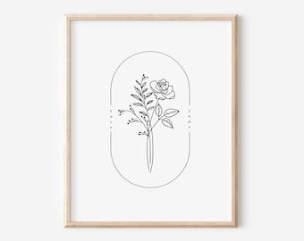 June Birth Flower Rose | Simple Line Art Printable | Floral Wall Decor