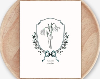 January Snowdrop Birth Flower Printables | Watercolor, Black + White Versions Crest & Bow Floral Illustration