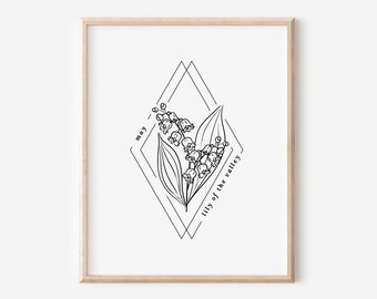 May Lily of the Valley Birth Flower Print or Poster | Black and White Floral Line Art Diamond Frame | Birthday Gift Nursery Art