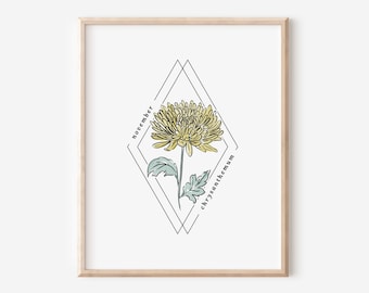 November Chrysanthemum Birth Flower Printable | Watercolor Floral Diamond Frame | Birthday Gift Nursery Art