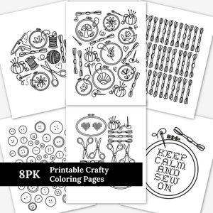 May include: Eight black and white colouring pages featuring various craft supplies, including embroidery hoops, buttons, scissors, and thread. The pages are labelled "Printable Crafty Colouring Pages" and "8PK".