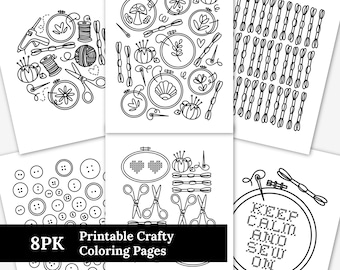 8 Crafty Printable Coloring Pages | Sewing Embroidery Yarn Button Handmade Crafts | Illustrated Craft Day Coloring Sheets