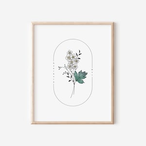 Arte de espinheiro com flor de nascimento de maio para impressão | Moldura oval em aquarela Decoração de parede floral simples