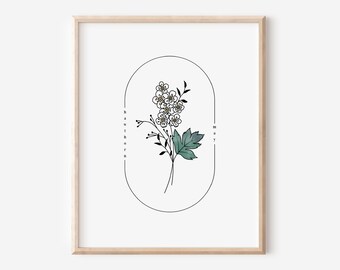 May Birth Flower Hawthorn Art Printable | Watercolor Oval Frame Simple Floral Wall Decor