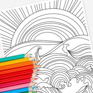 Sunset & Ocean Waves Coloring Page Digital Printable Water Zen Relaxing Coloring Sheet image 1