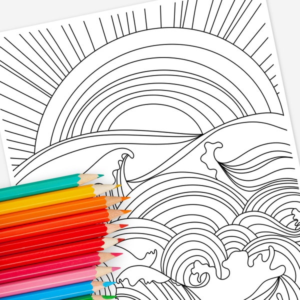 Sunset & Ocean Waves Coloring Page Digital Printable | Water Zen Relaxing Coloring Sheet