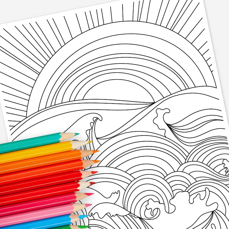 Sunset & Ocean Waves Coloring Page Digital Printable Water Zen Relaxing Coloring Sheet image 1