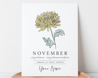 November Chrysanthemum Birth Flower Personalized Name Unframed Art Print | Custom Gift for Birthdays + Birth Flower Vinyl Sticker Add On