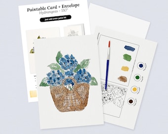 Paintable Card + Envelope | Pre-Sketched 5X7" Basket of Hydrangeas | Just Add Water Art Kit