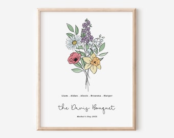 Family Birth Flower Bouquet Watercolor Art Print | Up to 6 Names | Nature Inspired Gift