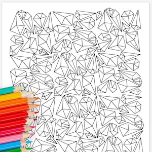 Página para colorear imprimible de piedras preciosas geométricas / Garabatos de gemas ilustrados Obras de arte Actividad creativa DIY Patrones relajantes para colorear