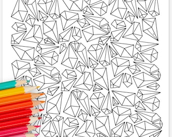 Geometric Gemstones Printable Coloring Page | Illustrated Gem Doodles Artwork DIY Creative Activity Relaxing Patterns to Color