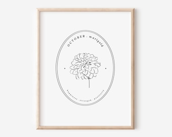 October Birth Flower Marigold Printable | Black & White Floral Art