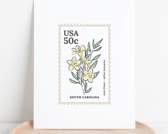 South Carolina US State Flower Stamp | Yellow Jessamine Watercolor Floral Art Printable