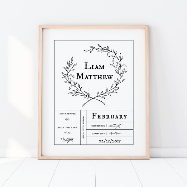 FEBRUARY Custom Birth Chart Blueprint | Personalized Birth Flower Zodiac Birthstone Print