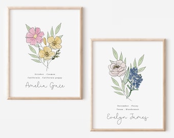 Custom Birth Flower + State Flower Bouquet Printable | Floral Art Personalized Gift